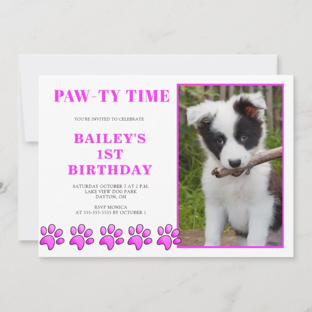 Cute Pink Pawty Time Dog Birthday Invitation (Front)