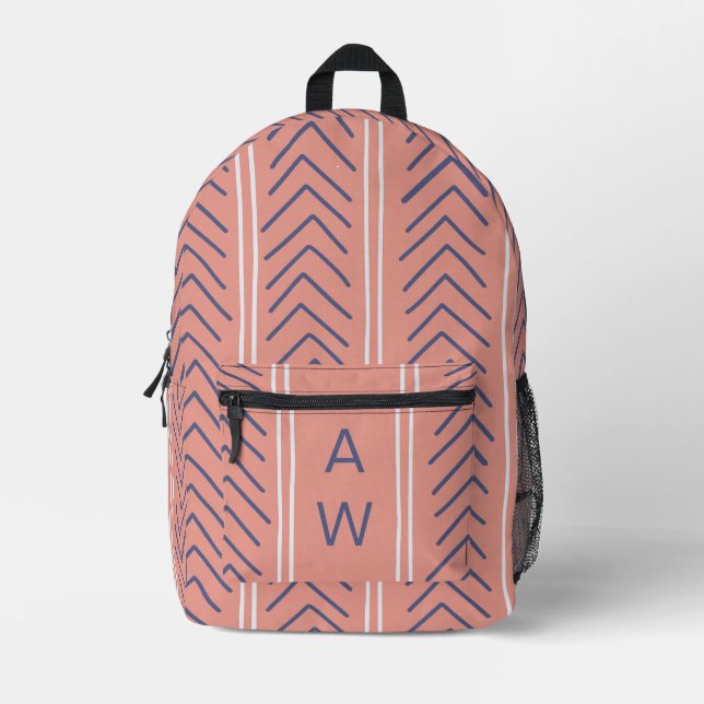 Cute Pink Peach Geometric Arrows Monogram Initials Printed Backpack (Front)