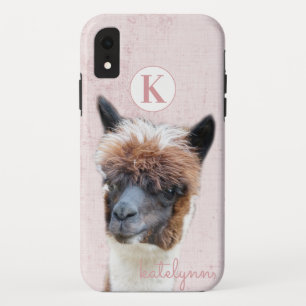 Cute Pink Peek-a-Boo Alpaca Photograph Monogrammed iPhone XR Case