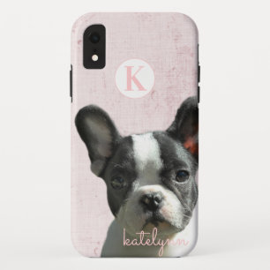 Cute Pink Peek-a-Boo Boston Terrier Puppy Monogram iPhone XR Case