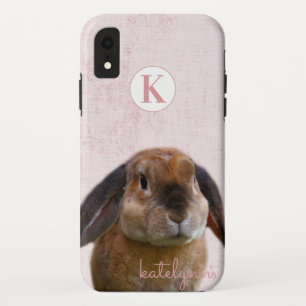 Cute Pink Peek-a-Boo Bunny Photograph Monogram iPhone XR Case
