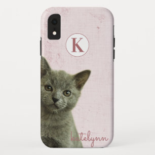 Cute Pink Peek-a-Boo Kitten Photograph Monogram iPhone XR Case