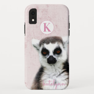 Cute Pink Peek-a-Boo Lemur Photograph Monogram iPhone XR Case
