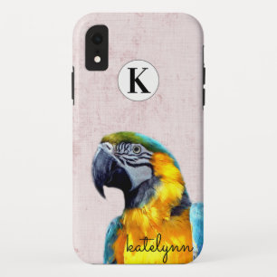 Cute Pink Peek-a-Boo Parrot Photograph Monogram iPhone XR Case