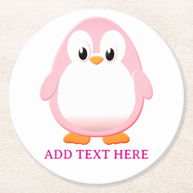 Cute Pink Penguin Cartoon Custom Round Paper Coaster (Front)