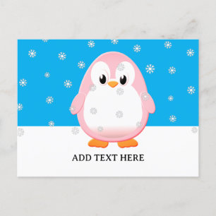 Cute Pink Penguin Cartoon Snow Flakes Custom Postcard