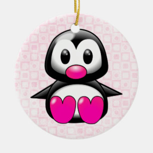 Cute Pink Penguin Ceramic Tree Decoration