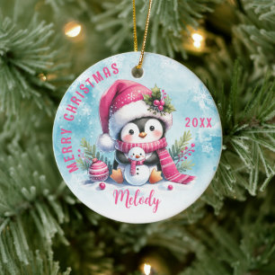 Cute Pink Penguin Girl First Name Merry Christmas  Ceramic Tree Decoration