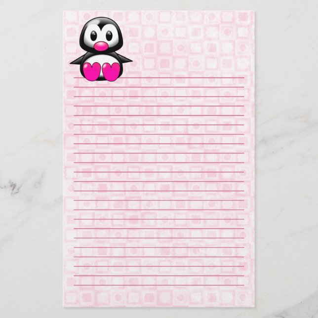 Cute Pink Penguin Lined Stationery (Front)