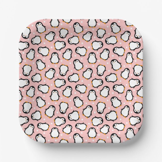 Cute pink penguin pattern paper plate (Front)