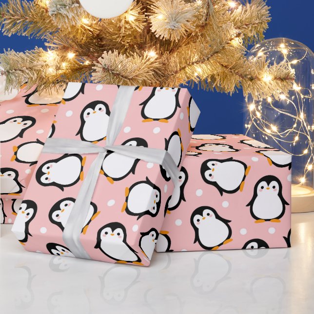 Cute pink penguin pattern wrapping paper (Holidays)