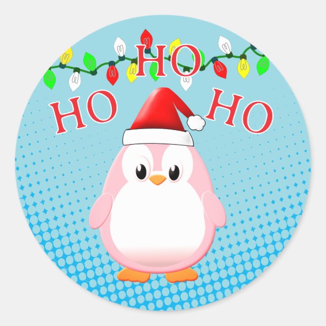 Cute Pink Penguin Santa Hat Christmas Lights Classic Round Sticker (Front)