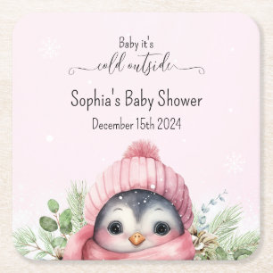 Cute Pink Penguin Winter Baby Shower Square Paper Coaster