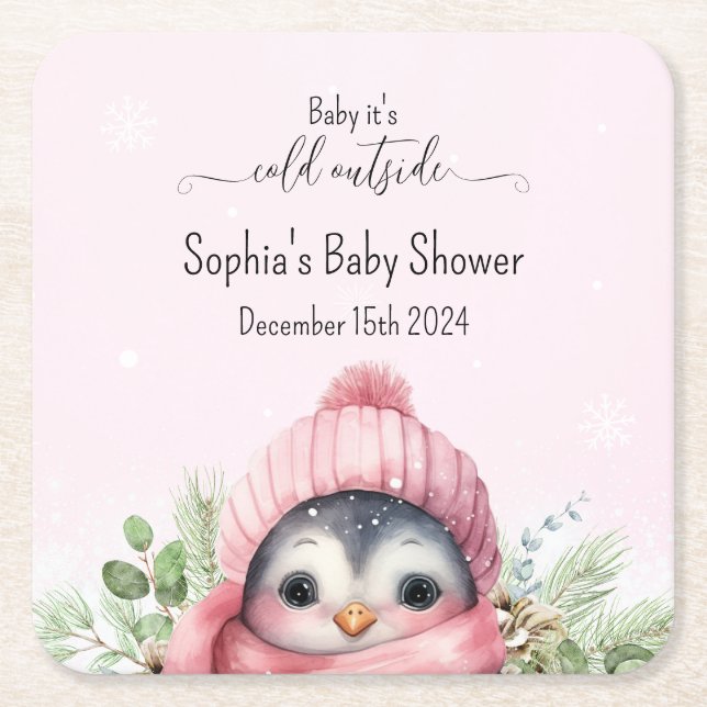 Cute Pink Penguin Winter Baby Shower Square Paper Coaster (Front)