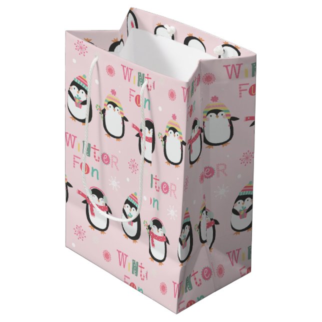 Cute Pink Penguins | Winter Fun Christmas Medium Gift Bag (Front Angled)
