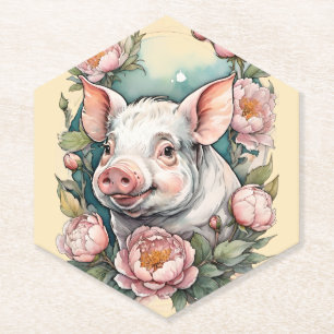 Cute Pink Peony Piggy pet Pig Paper Coaster