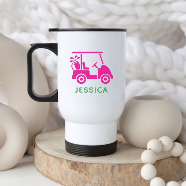Cute Pink Personalised Golf Cart  Travel Mug (Cute Pink Personalized Golf Cart Travel Mug)