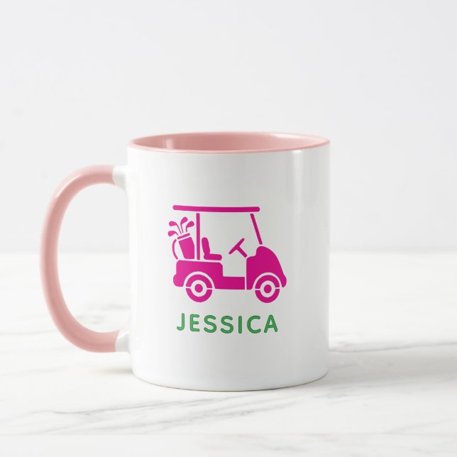 Cute Pink Personalised Golf Cart Two Tone Mug (Left)