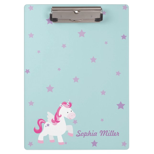 Cute Pink Personalised Magical Unicorn Clipboard (Front)