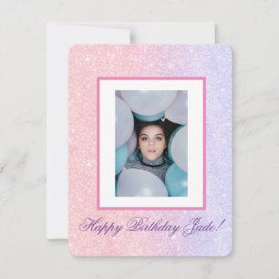 Cute Pink Personalised Name Glitter Birthday Holiday Card