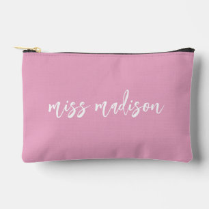 Cute Pink Personalised Teacher's Name Script Accessory Pouch