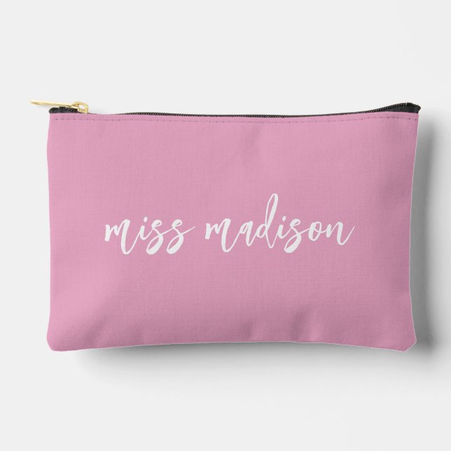 Cute Pink Personalised Teacher's Name Script Accessory Pouch (Front)