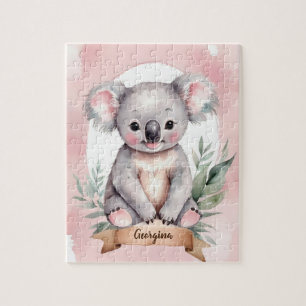 Cute Pink Personalized Koala Kids Jigsaw Puzzle