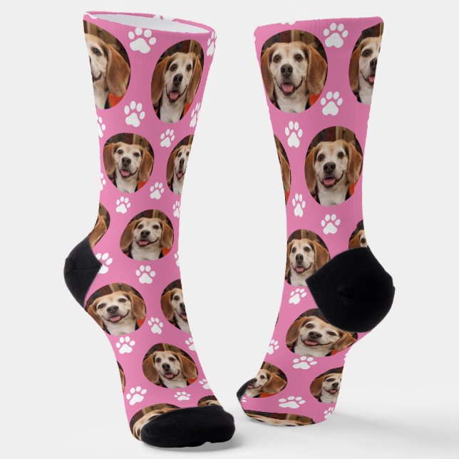  Cute Pink Pet Photo Paw Prints Custom  Socks (Angled)