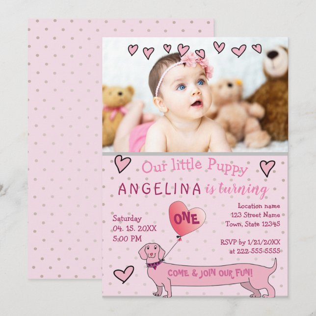 Cute Pink Photo 1st Birthday Invitation (Front/Back)
