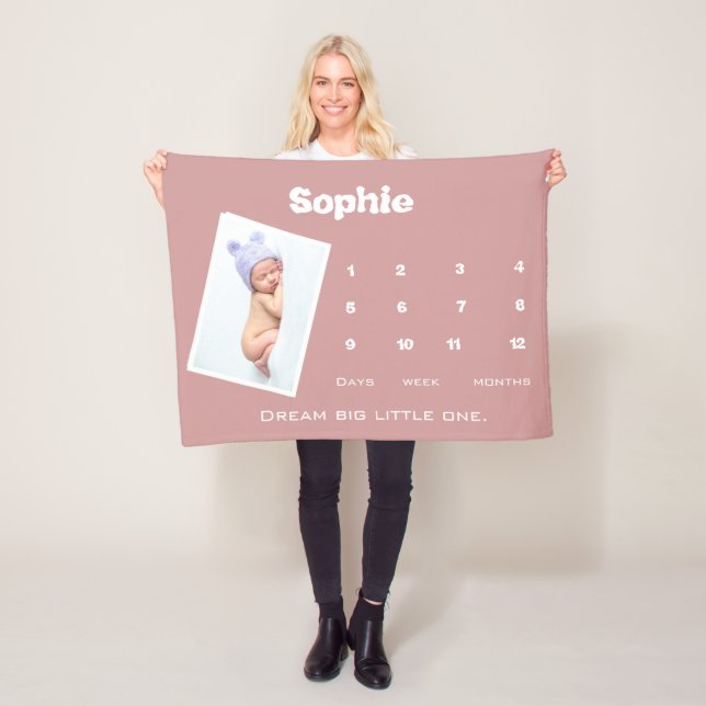 Cute Pink Photo Milestone Name Personalised Baby  Fleece Blanket (In Situ)