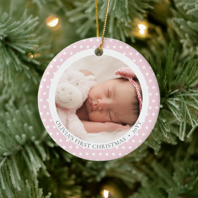 Cute Pink Photo Religious Baby's 1st Christmas Ceramic Tree Decoration (Tree)
