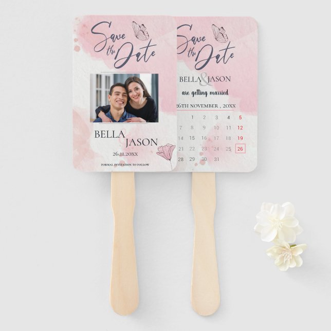 Cute Pink Photo Wedding Save The Date Calendar Hand Fan (Front and Back)