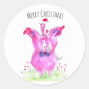 Cute Pink Pig and Bird Christmas Classic Round Sticker