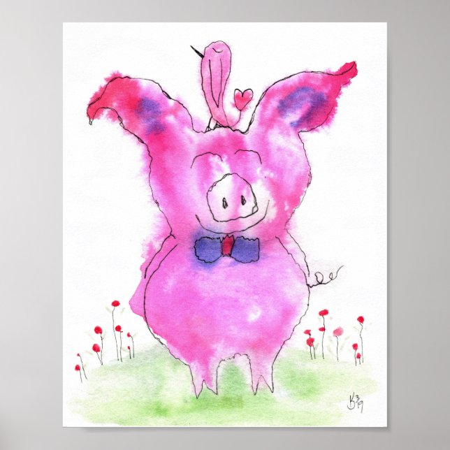 Cute Pink Pig and Bird Poster 8x10" (Front)