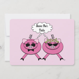 Cute Pink Pig Couple Save the Date   Back Photo Invitation