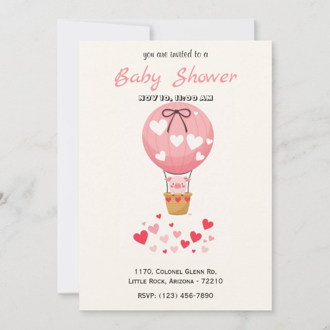 Cute Pink Pig Hot Air Balloon Baby Shower Invitation (Front)