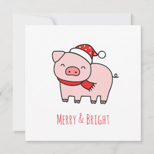Cute Pink Pig Merry And Bright Simple Minimalist Holiday Card