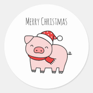 Cute Pink Pig Merry Christmas Minimalist Classic Round Sticker