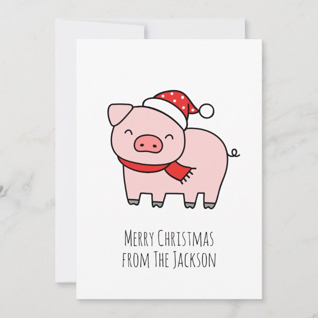 Cute Pink Pig Merry Christmas Simple Minimalist Holiday Card (Front)