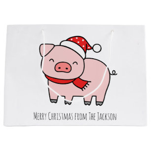 Cute Pink Pig Merry Christmas Simple Minimalist Large Gift Bag