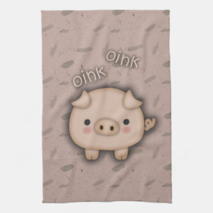 Cute Pink Pig Oink Pink Background Tea Towel