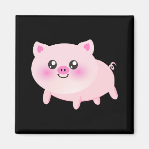Cute Pink Pig on Black Magnet