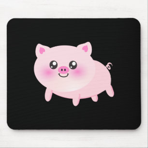 Cute Pink Pig on Black Mouse Mat
