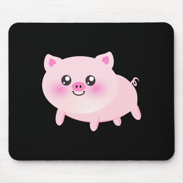 Cute Pink Pig on Black Mouse Mat (Front)