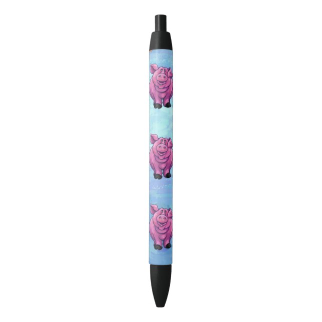 Cute Pink Pig on Blue Writing Black Ink Pen (Front Vertical)