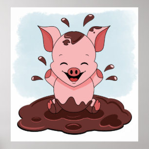 Cute Pink Pig Playing In Mud Poster