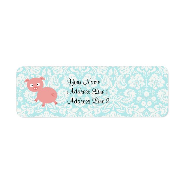 Cute Pink Pig; Teal Damask (Front)