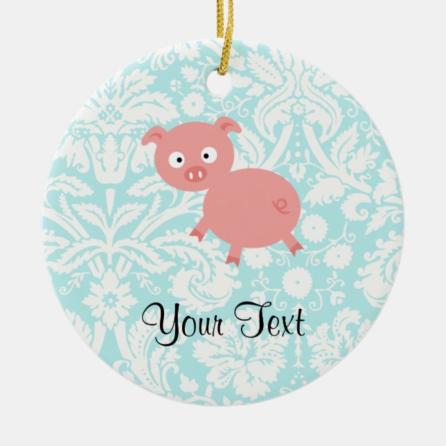 Cute Pink Pig; Teal Damask Ceramic Tree Decoration (Front)