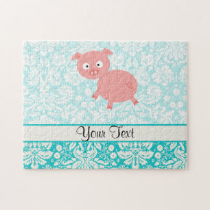 Cute Pink Pig; Teal Damask Jigsaw Puzzle