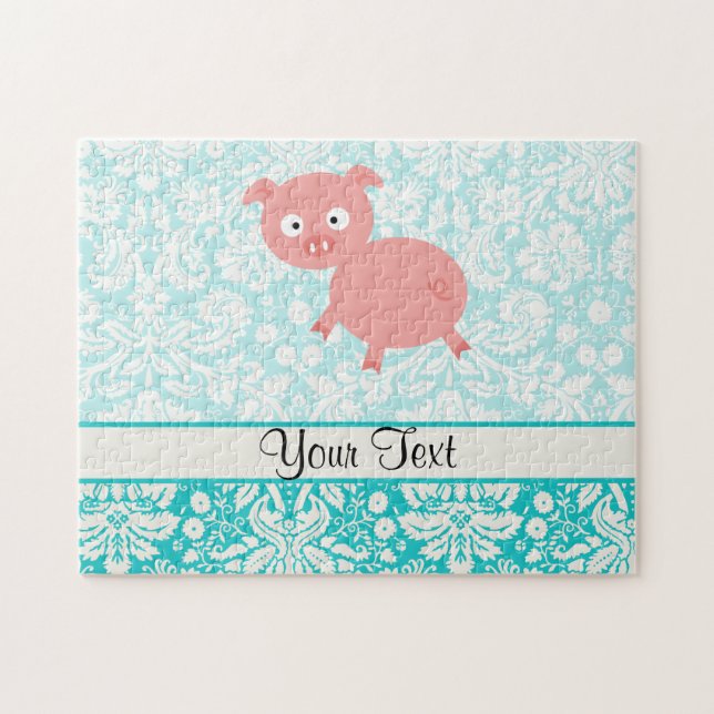Cute Pink Pig; Teal Damask Jigsaw Puzzle (Horizontal)
